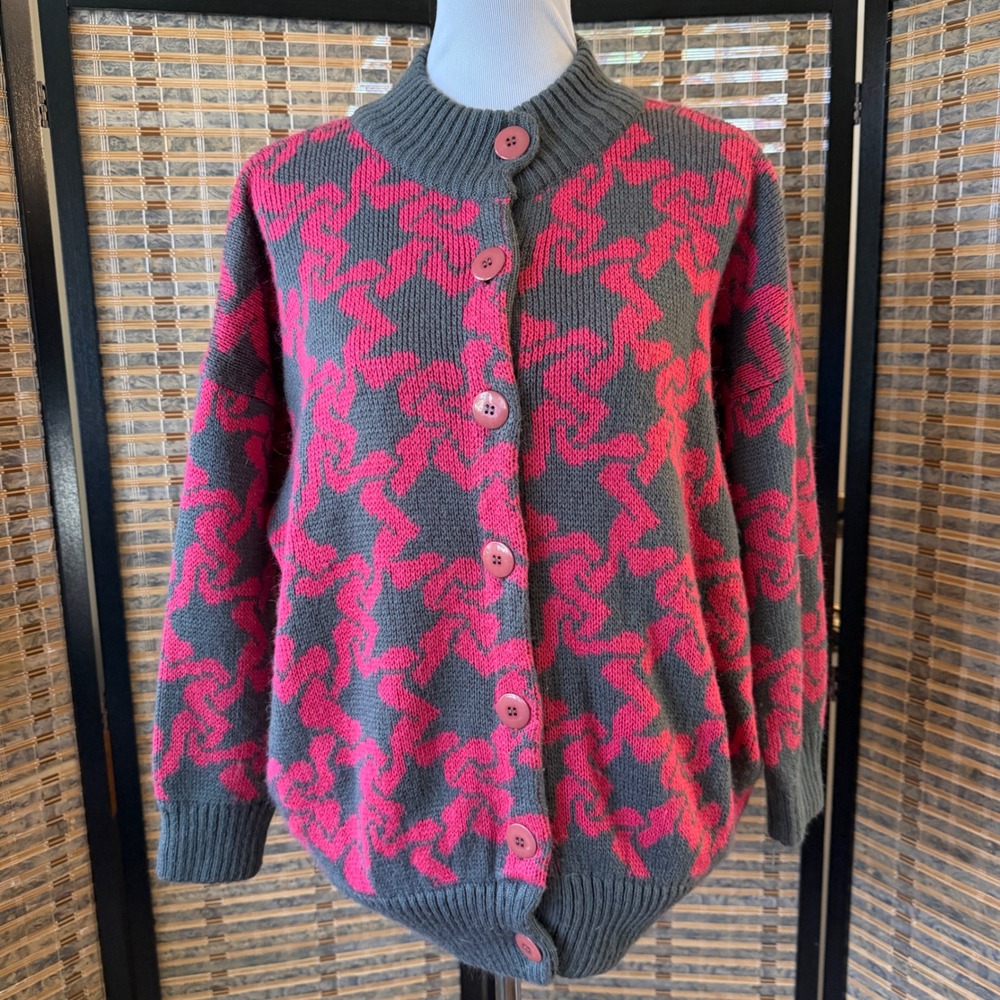 Happy Knitter Cardigan Women L Grey Pink Swirl Geometric Mock Neck Sweater